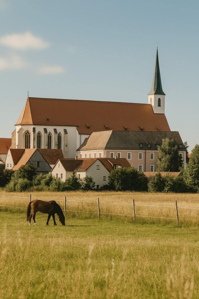 German Countryside view: A black horse grasses on a meadow with a big church and some houses in the background with a blue sky
